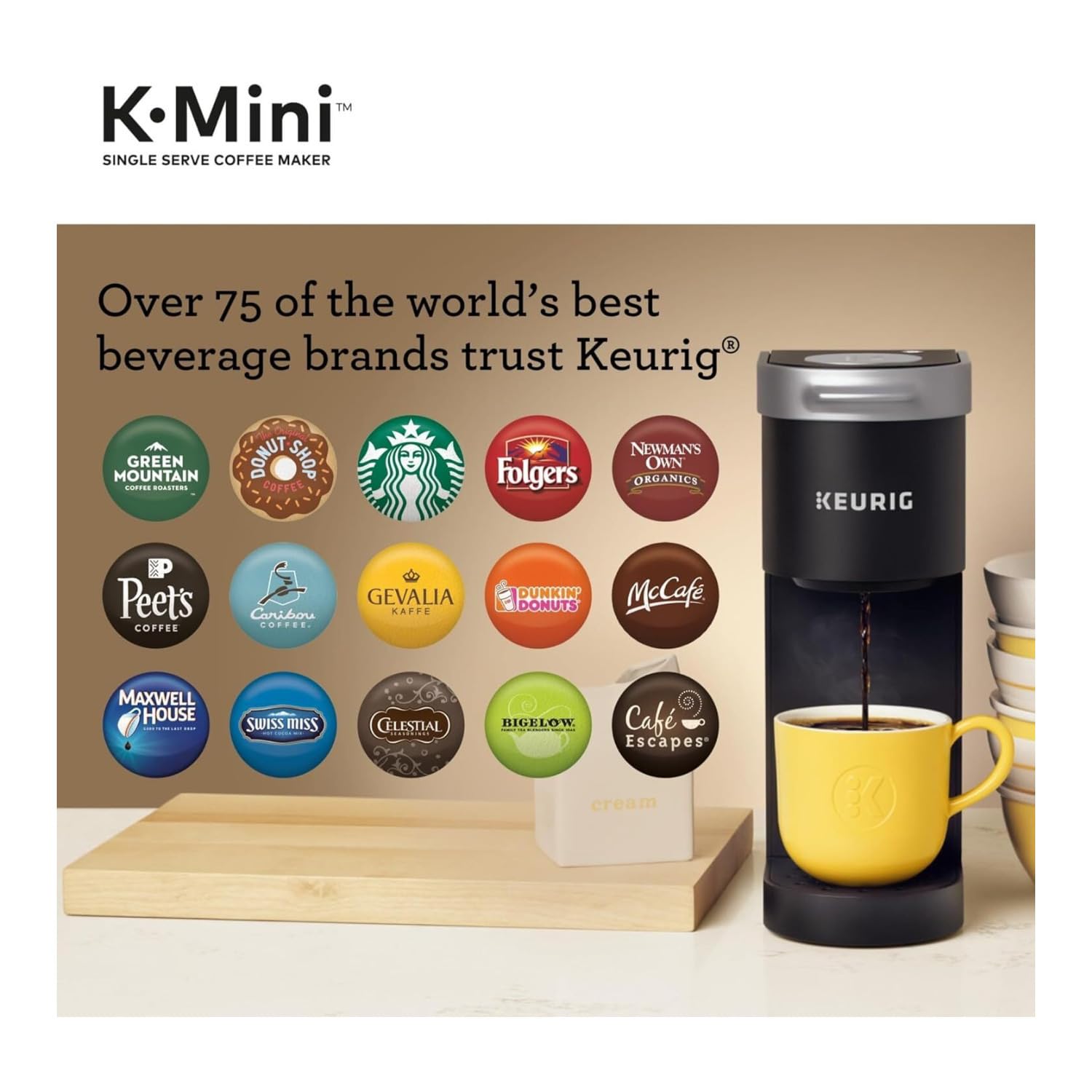 Keurig K-Mini Plus next to mug for size comparison and space-saving benefit
