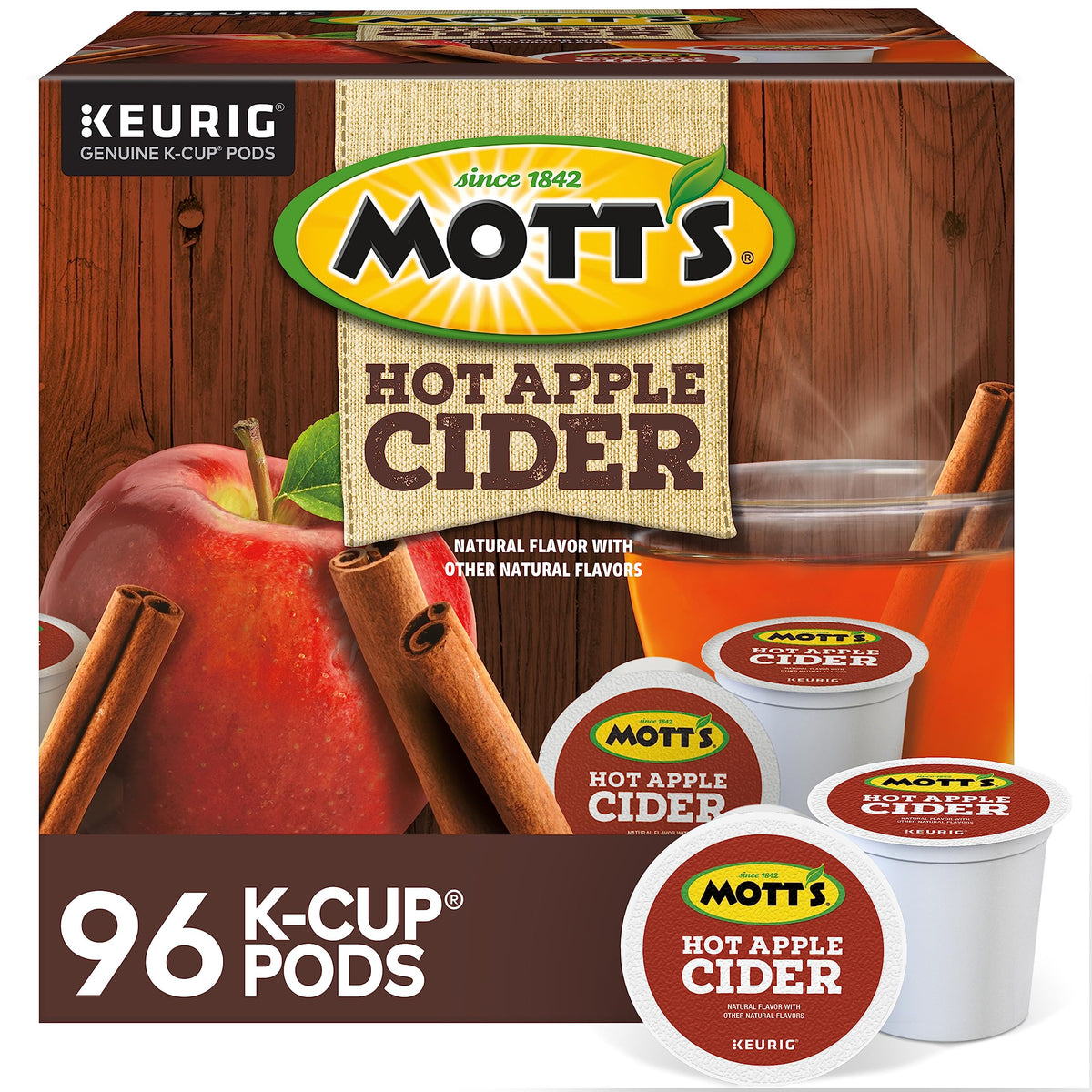 Keurig Mott's front packaging showing 24 pods and product branding, convenient stocking benefit