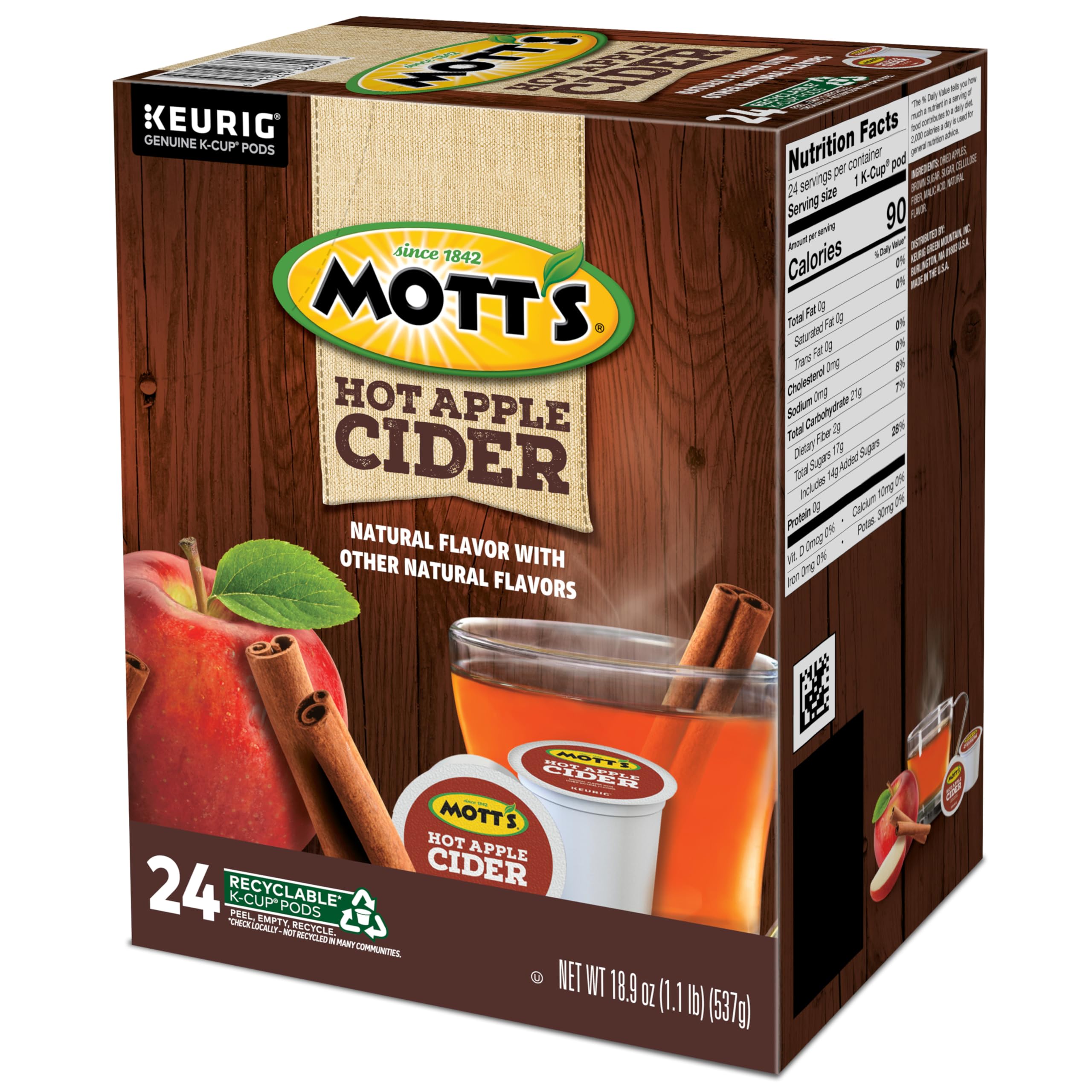 kitchen counter scene with Keurig brewer and Mott's cup, lifestyle image showing family-friendly use