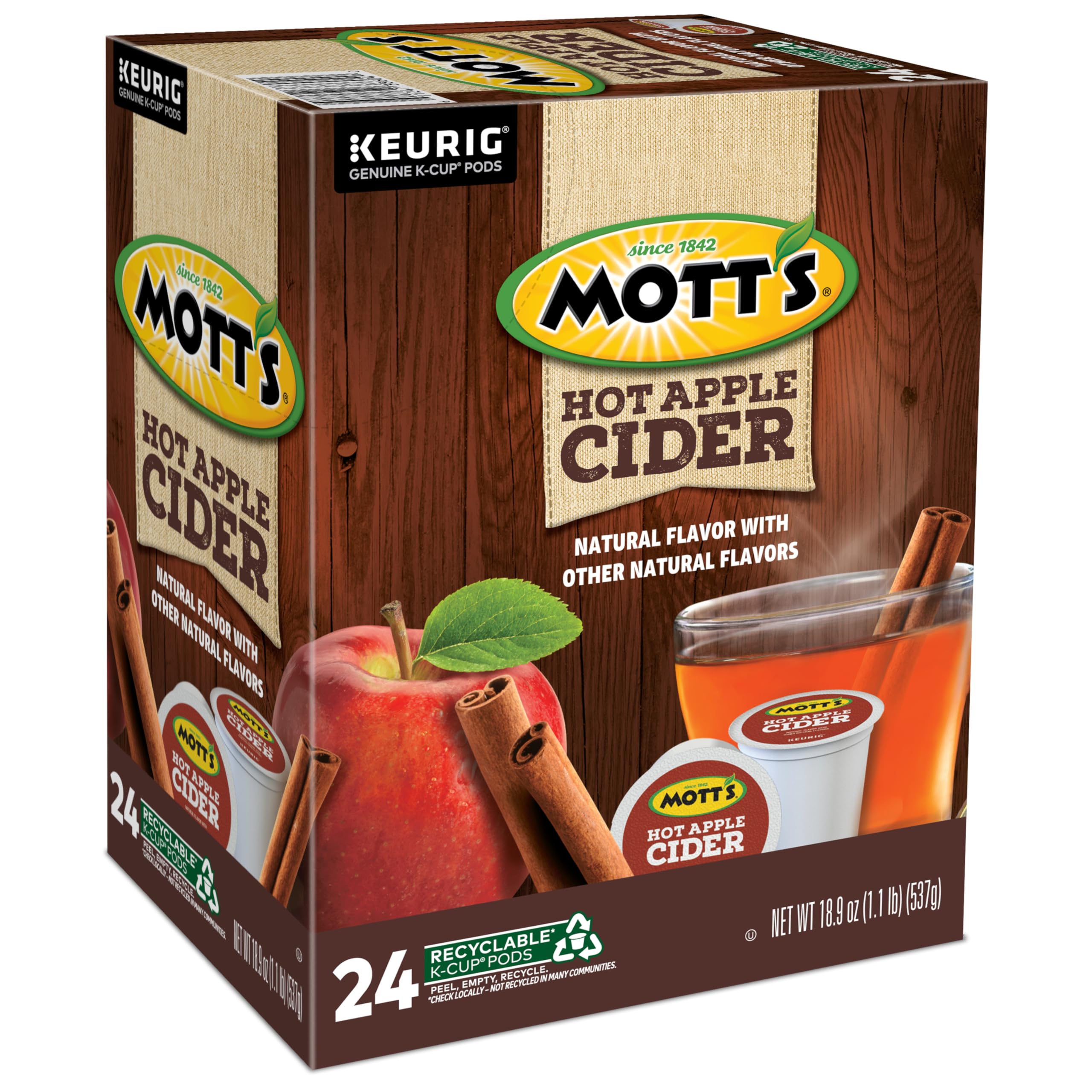 breakroom station with Keurig brewer and Mott's pods arranged, perfect for office beverage options
