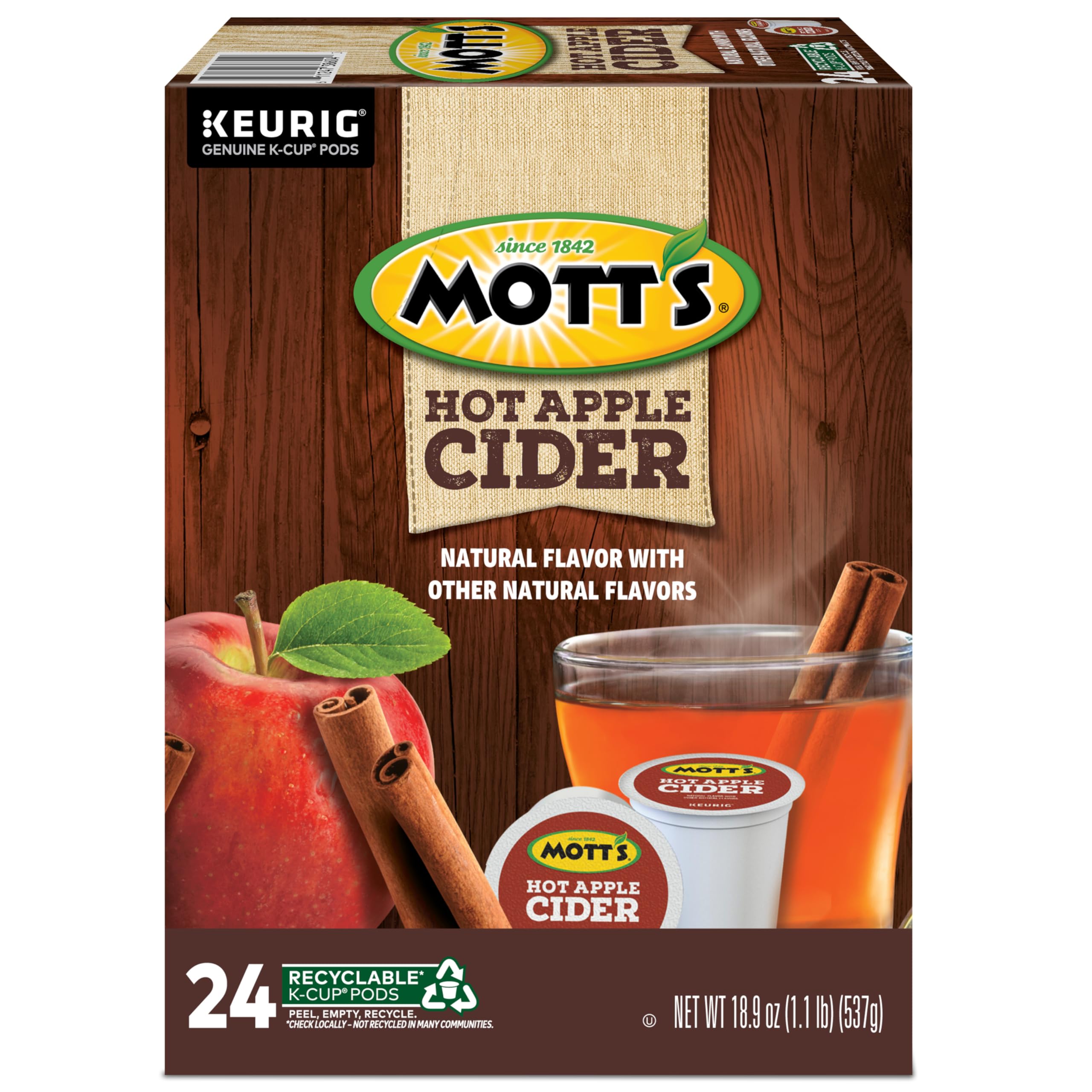 Mott's pod next to a standard coffee mug illustrating scale and single-serve portion convenience