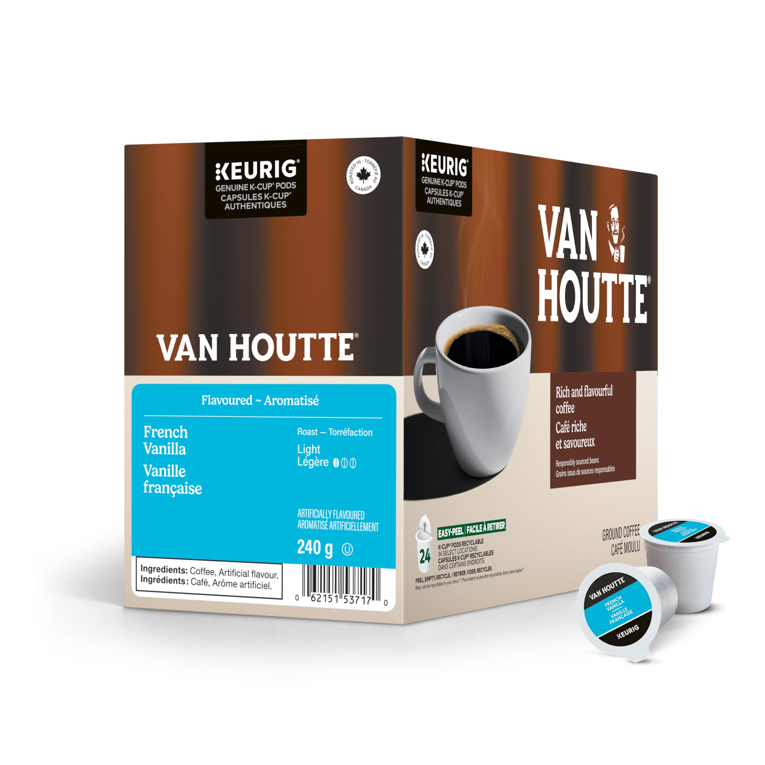 Keurig Van Houtte box front showing 24-count pods and product branding, convenient storage