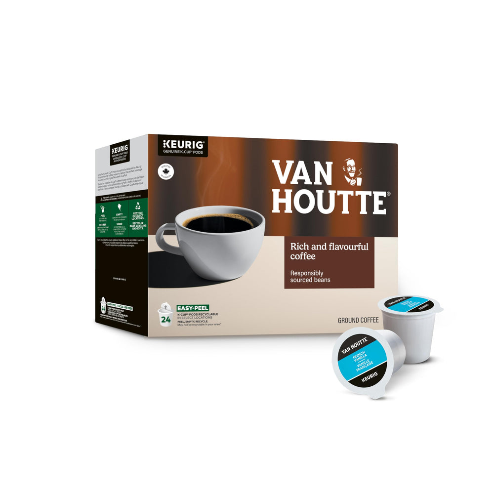 Keurig Van Houtte K-Cup close-up showing sealed lid and freshness barrier, preserves flavor
