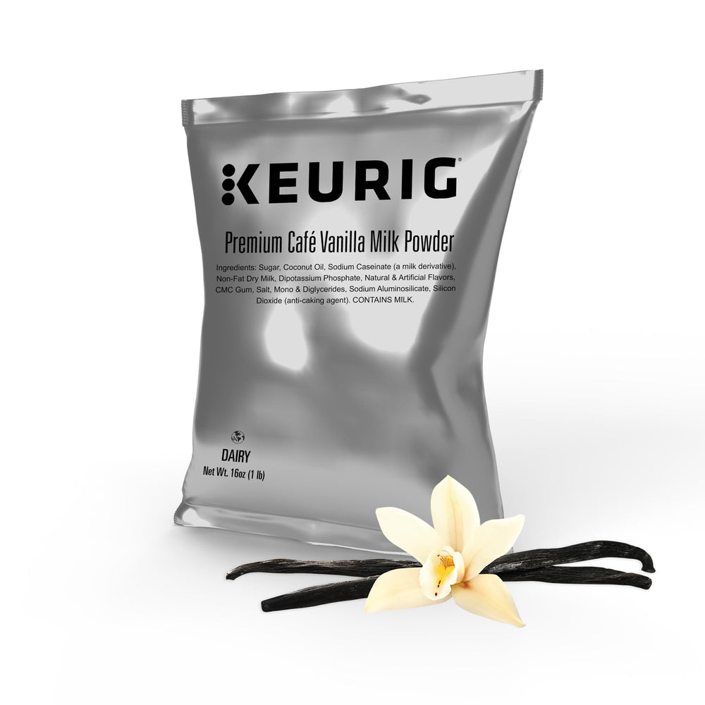 Keurig branded vanilla latte poured in cup demonstrating creamy finished beverage