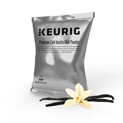 Keurig branded vanilla latte poured in cup demonstrating creamy finished beverage