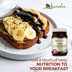 kevala dark sesame tahini in bowl as sauce, ready to drizzle on salads