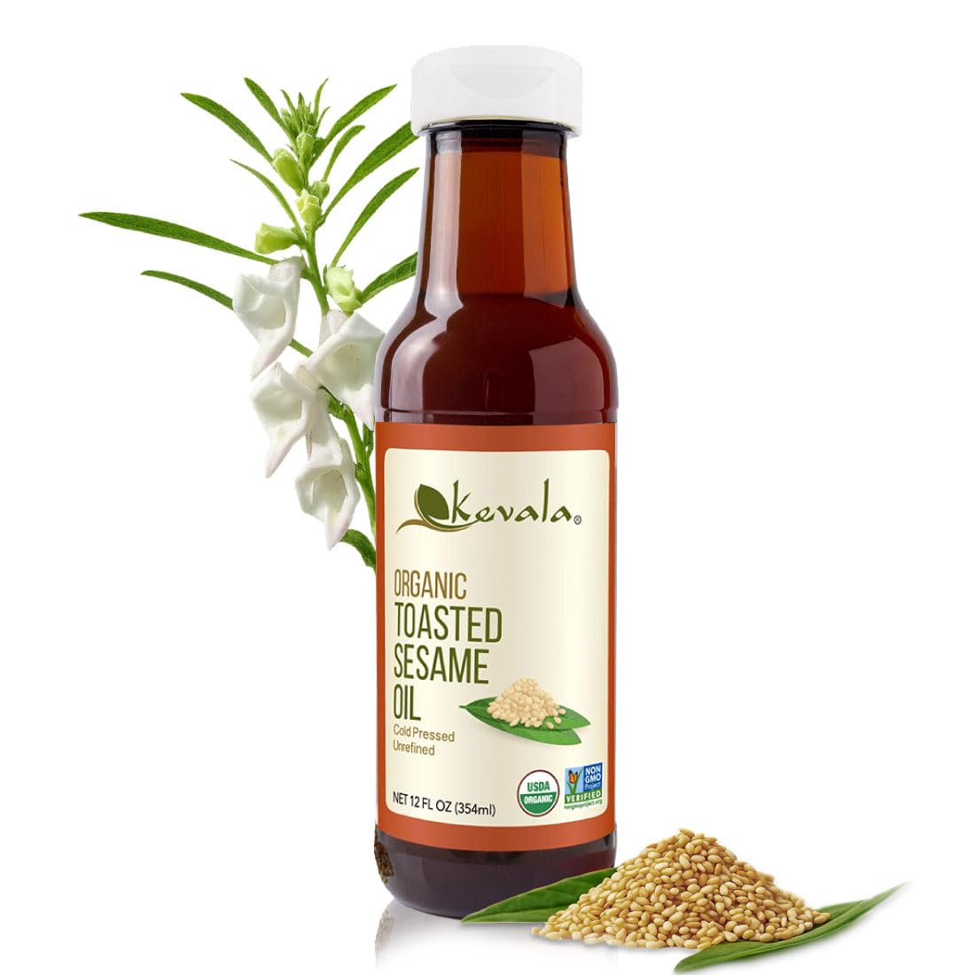 kevala front label on 12 oz bottle showing organic badge and benefit