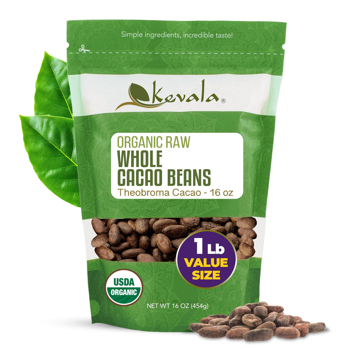kevala front of bag showing organic 1 lb packaging and clear labeling, highlights purity