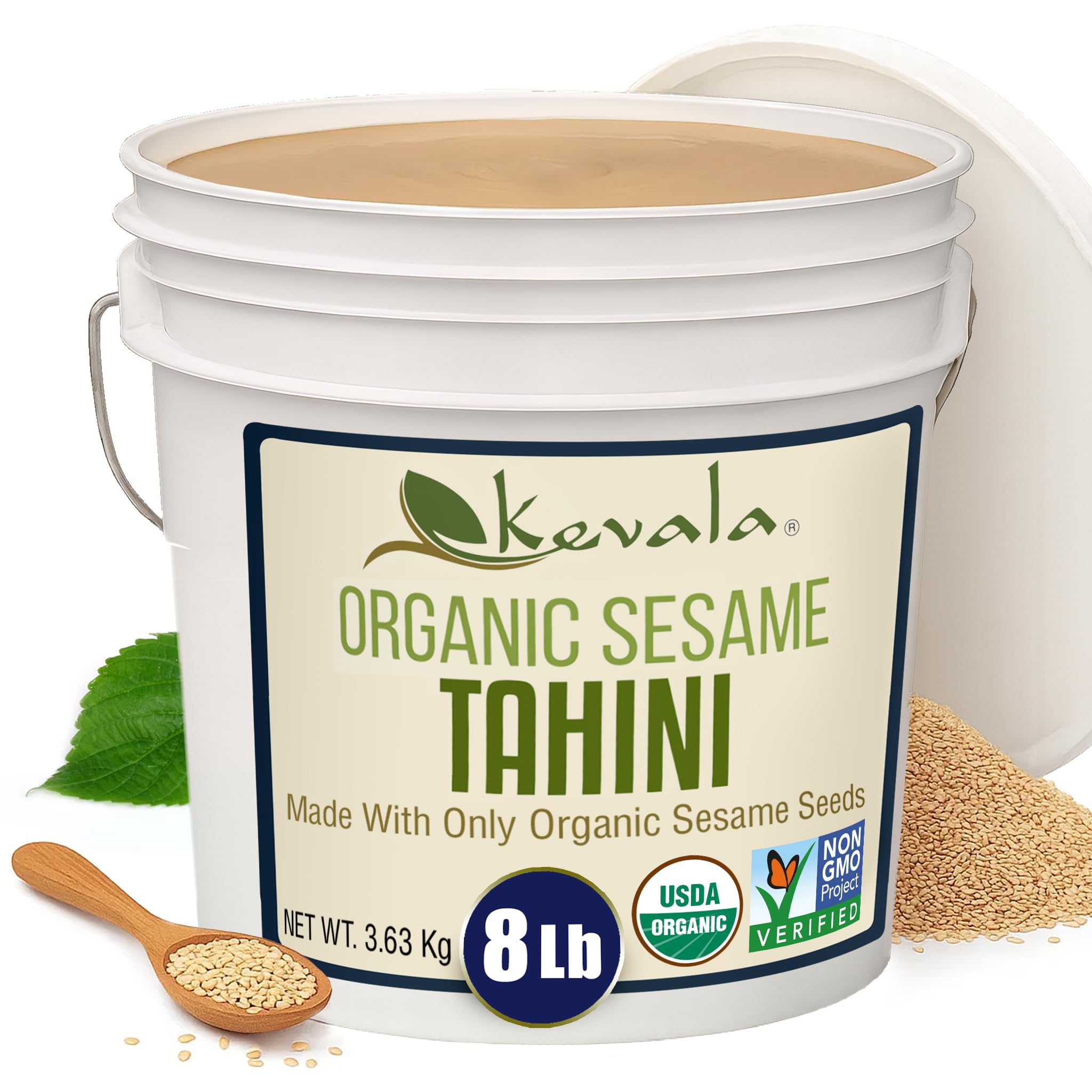 Kevala jar front view showing label and organic tahini freshness