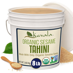 Kevala jar front view showing label and organic tahini freshness