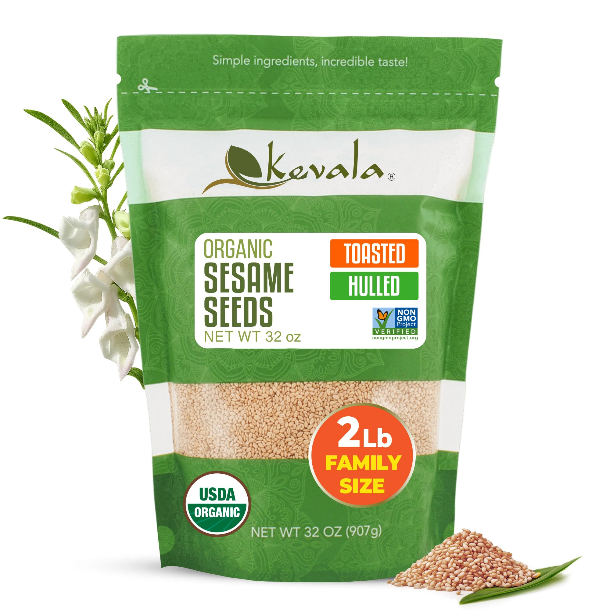 kevala front packaging shows 2 lb bag and label, highlights organic benefit