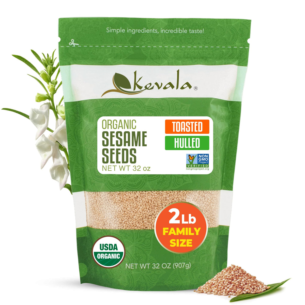 kevala front packaging shows 2 lb bag and label, highlights organic benefit
