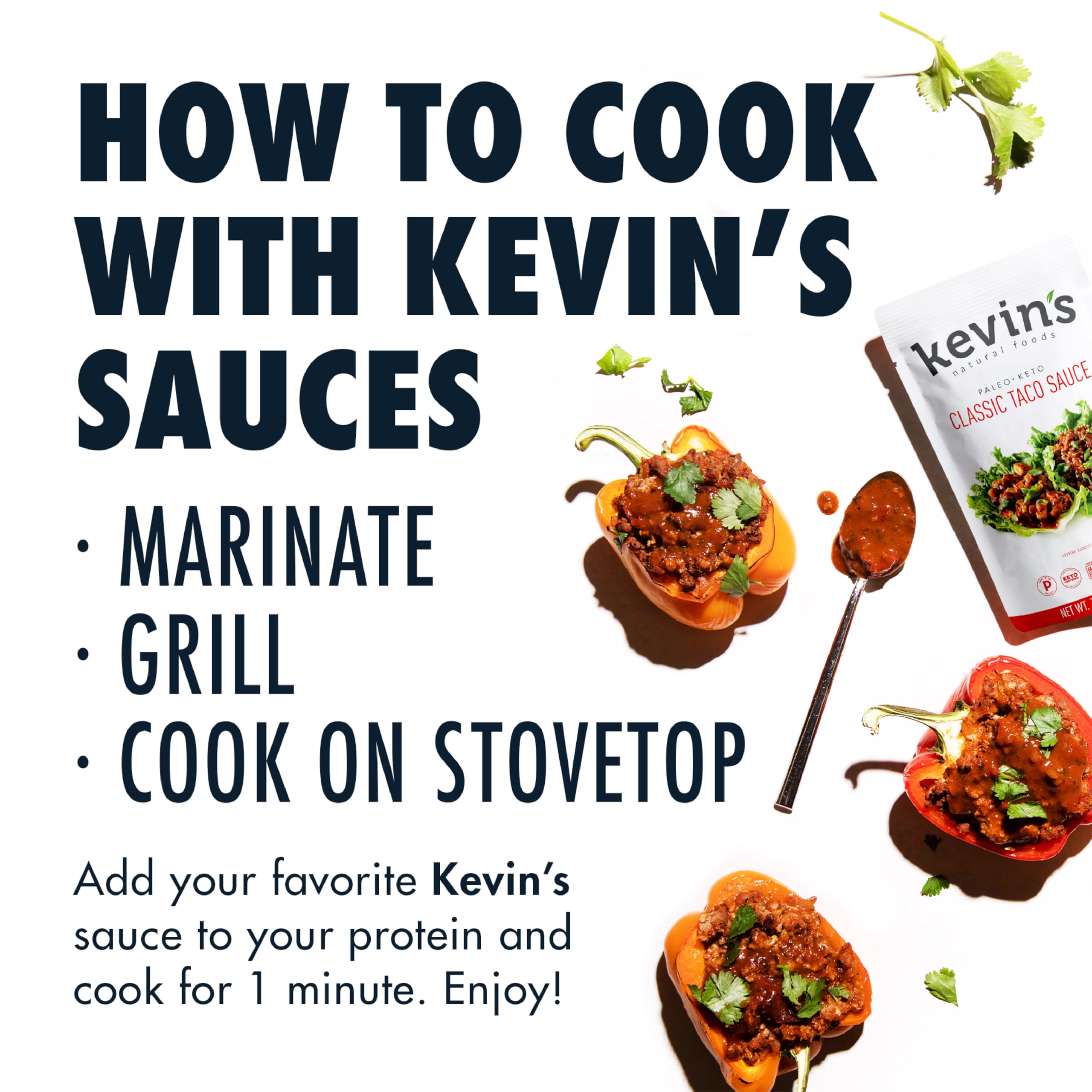 Kevin's Natural Foods sauce poured over chicken tacos adding smoky flavor and easy meal prep benefit