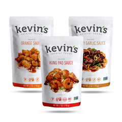 Kevin's Natural Foods front packaging showing three sauces and convenience benefits