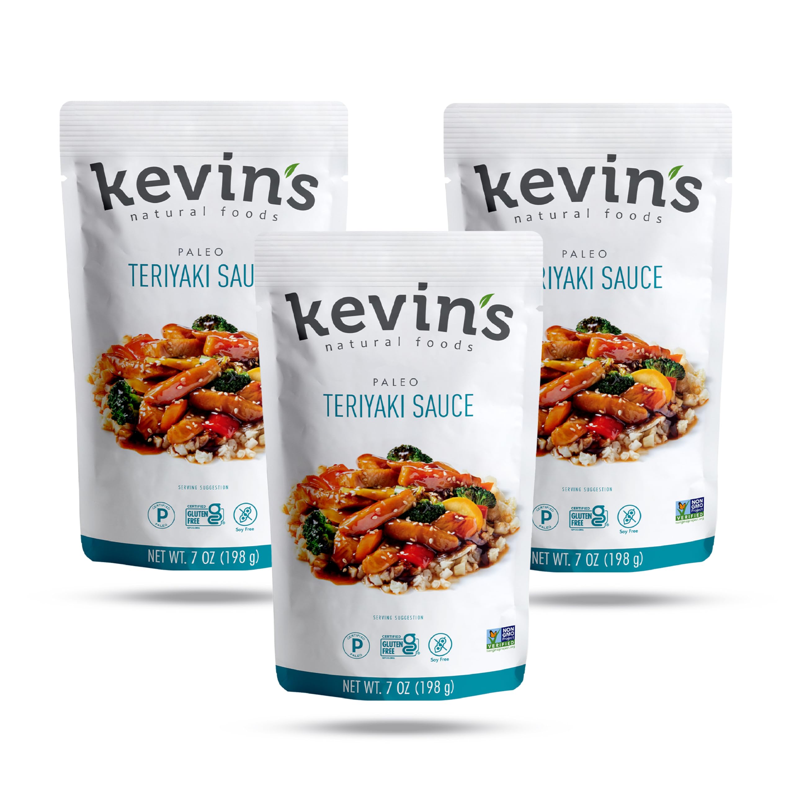 Kevin's Natural Foods three-bottle pack front view showing paleo teriyaki convenience