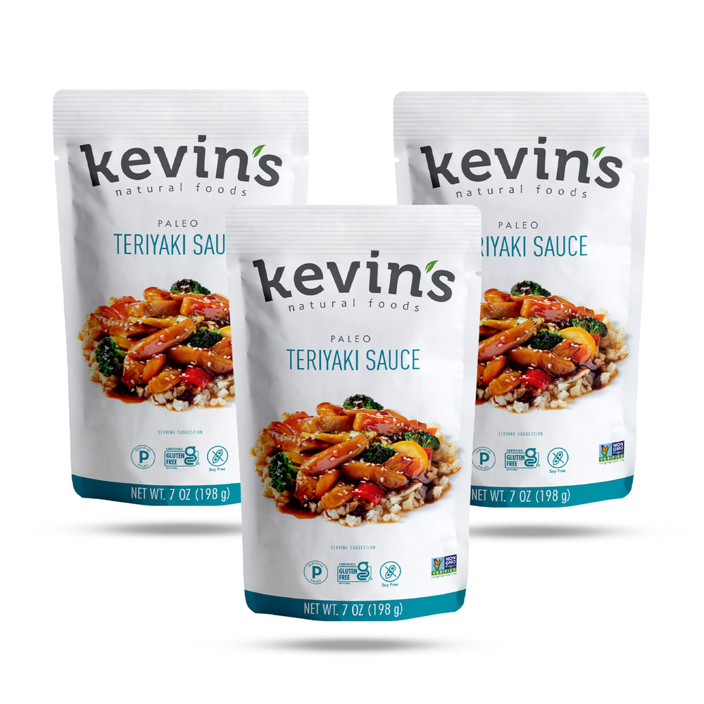 Kevin's Natural Foods three-bottle pack front view showing paleo teriyaki convenience