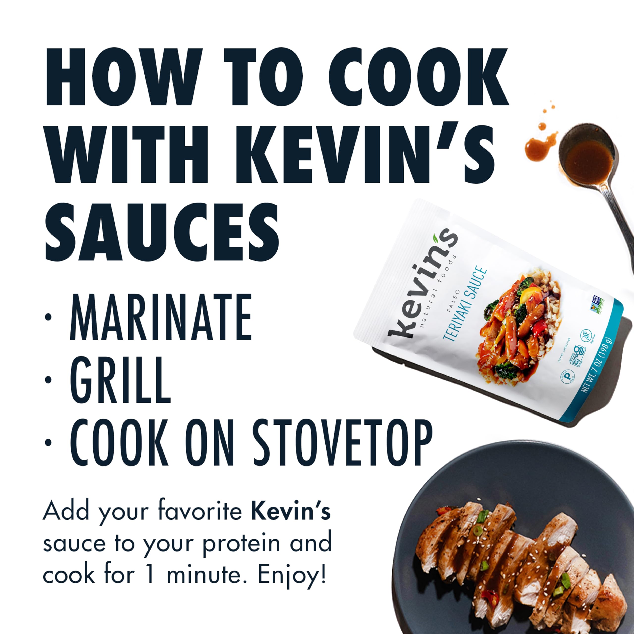 Kevin's Natural Foods sauce pouring texture close-up showing glossy glaze benefit