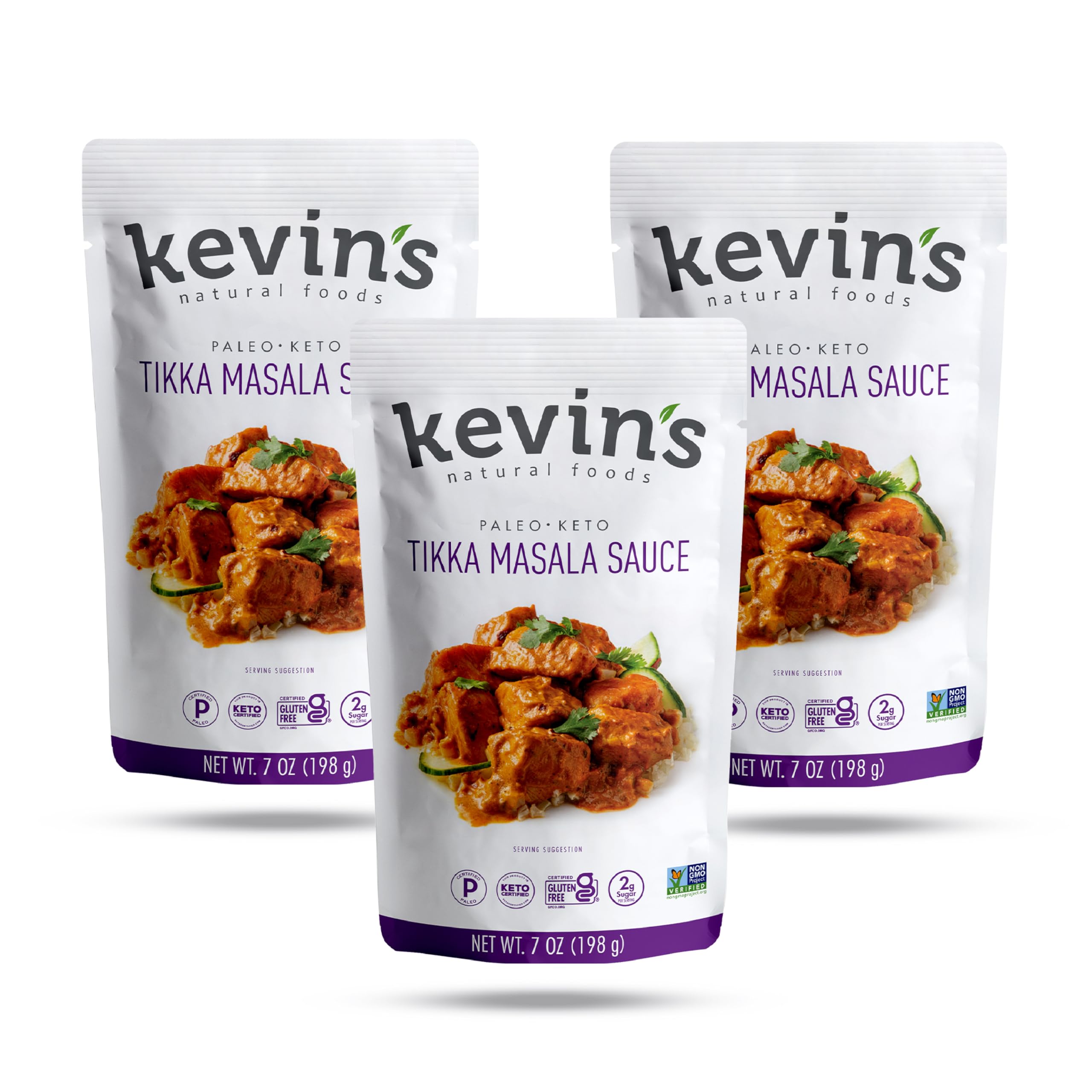 Kevin's Natural Foods front packaging showing three jars and label benefits