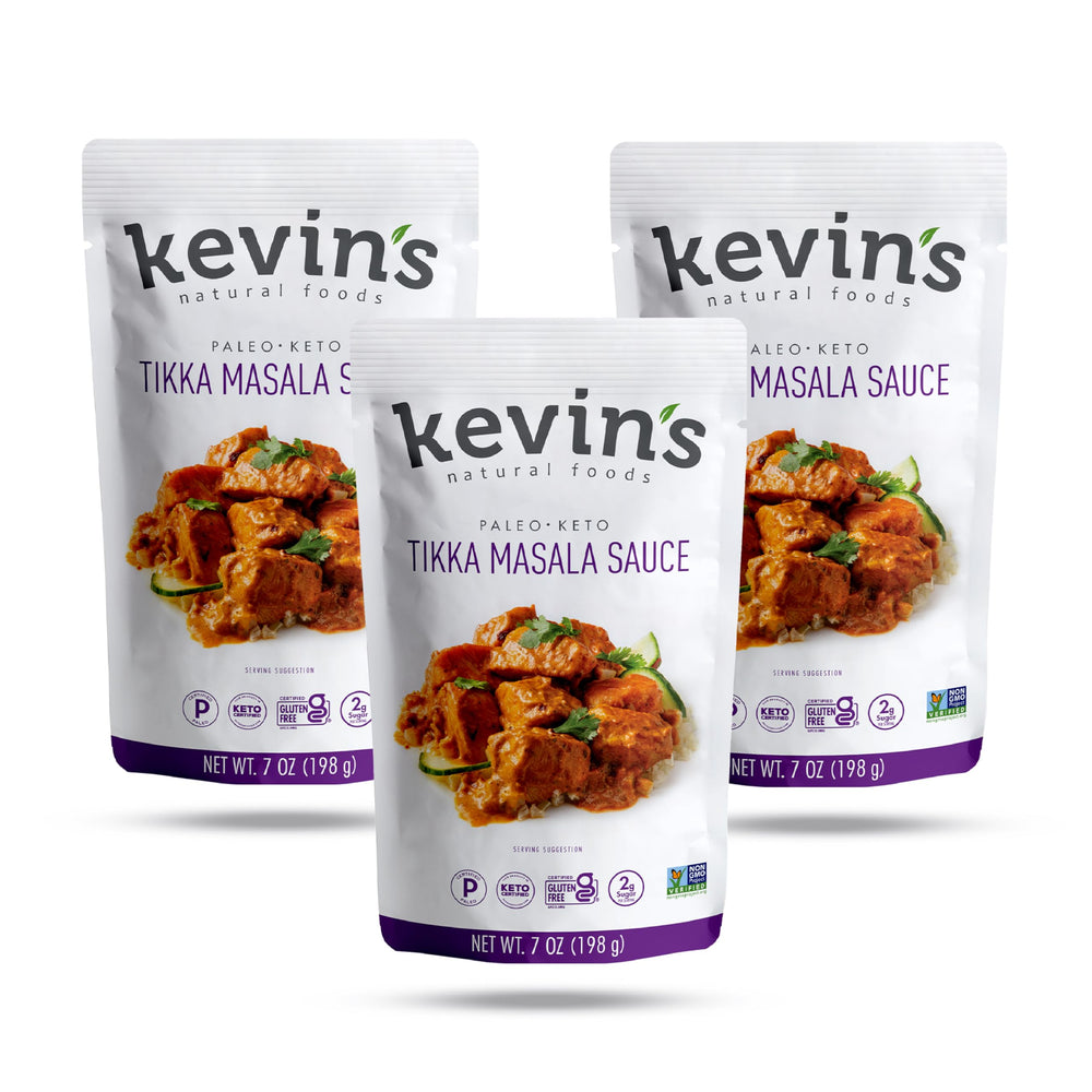 Kevin's Natural Foods front packaging showing three jars and label benefits