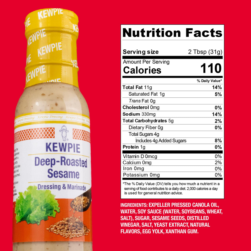 Kewpie bottle pouring deep sesame dressing to show texture and creamy consistency