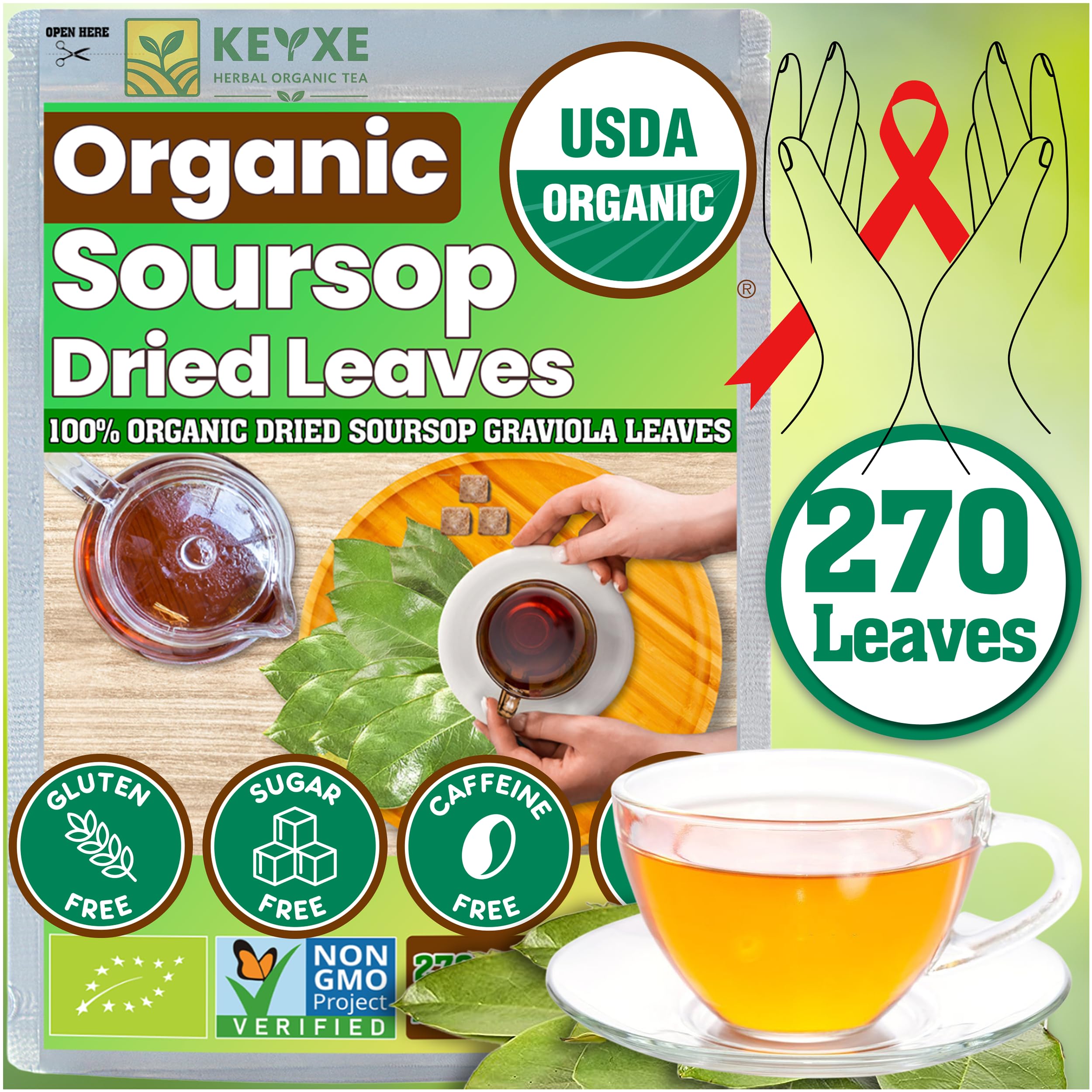 KEYXE front packaging showing organic soursop leaves and quantity benefit