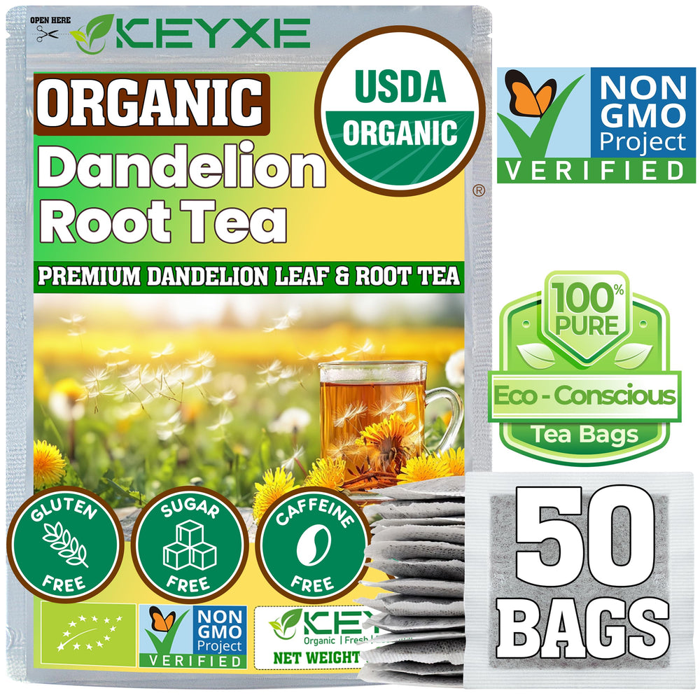 KEYXE front packaging showing organic roasted dandelion tea and benefits