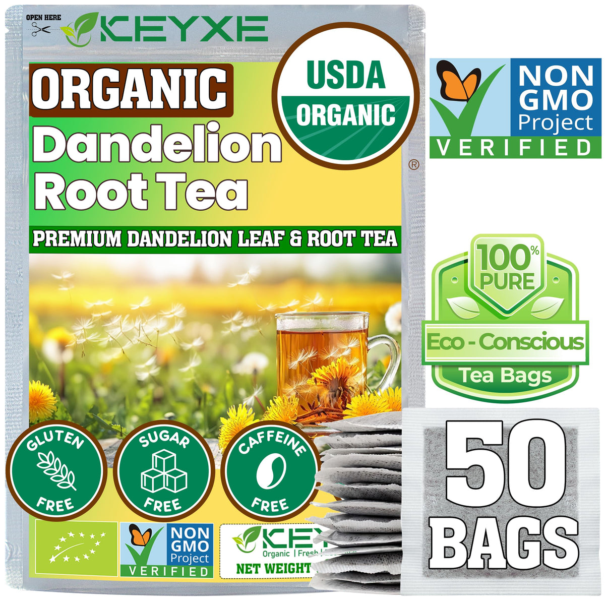 KEYXE front packaging showing organic roasted dandelion tea and benefits