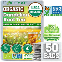 KEYXE front packaging showing organic roasted dandelion tea and benefits