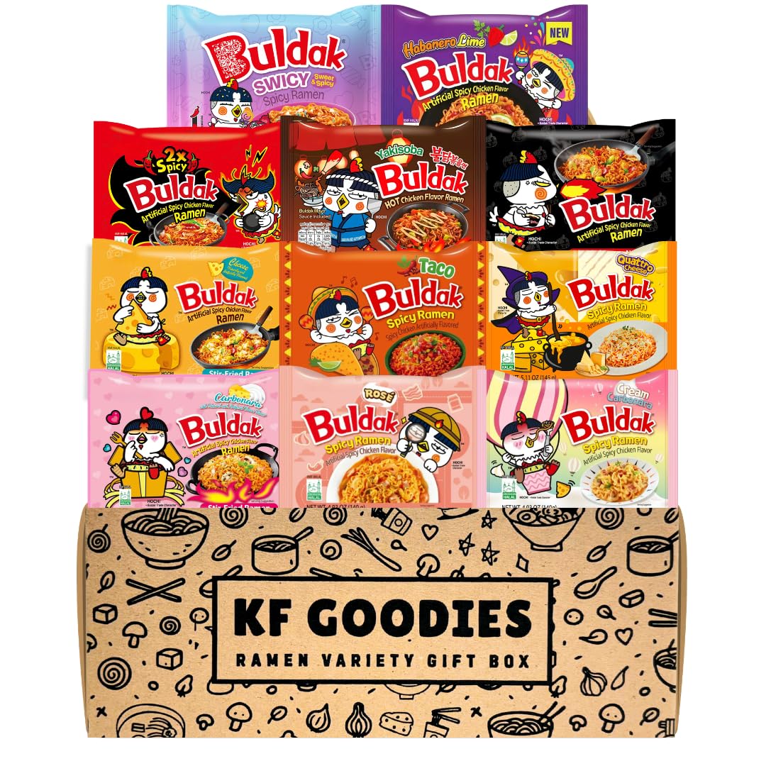 KF GOODIES gift box front view showing eleven sealed ramen packs and branding for easy gifting