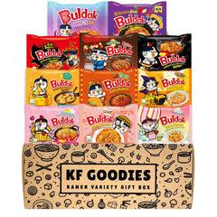 KF GOODIES gift box front view showing eleven sealed ramen packs and branding for easy gifting