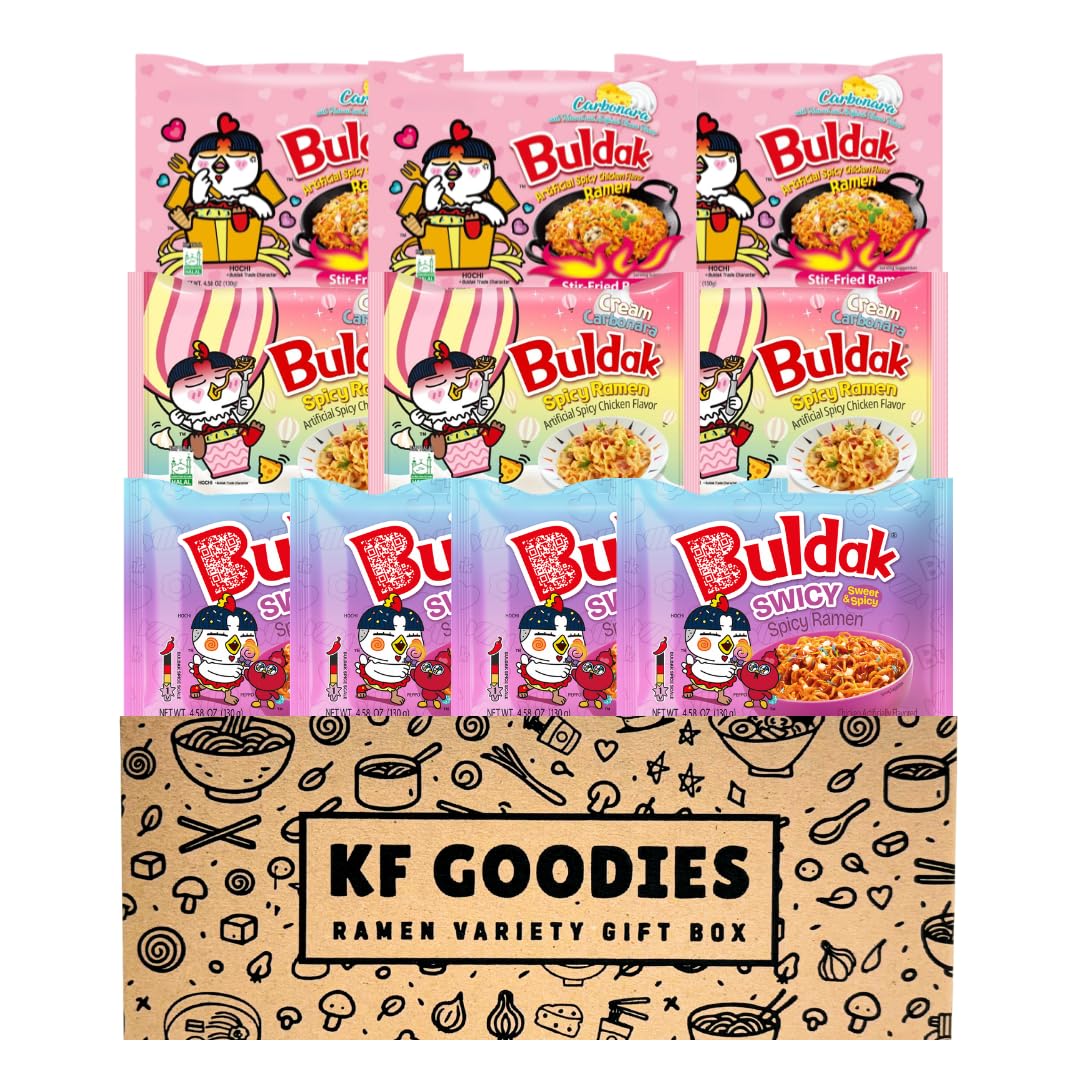 KF GOODIES gift box front view showing 10-count ramen assortment and gift-ready packaging benefit