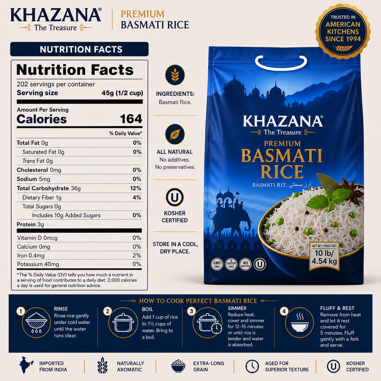 Khazana close-up of long basmati grains highlighting aroma and length