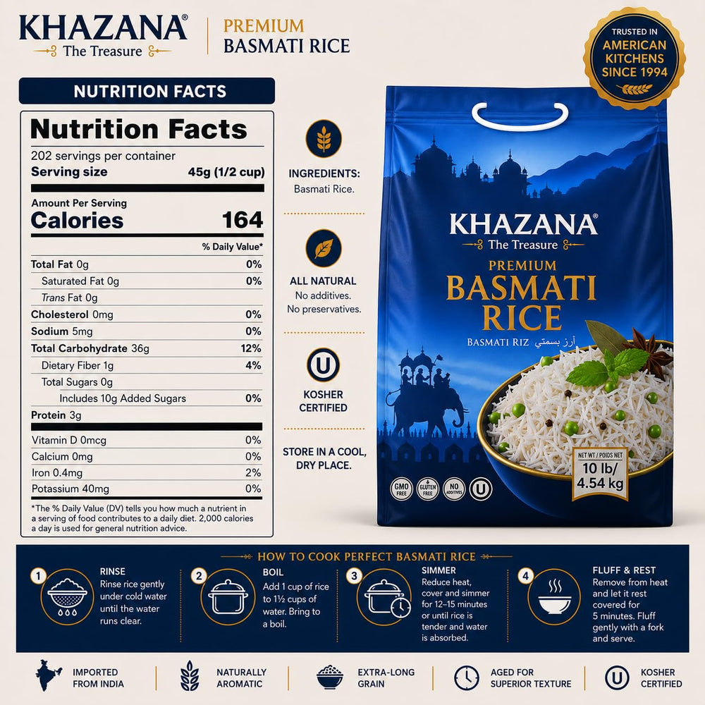 Khazana close-up of long basmati grains highlighting aroma and length