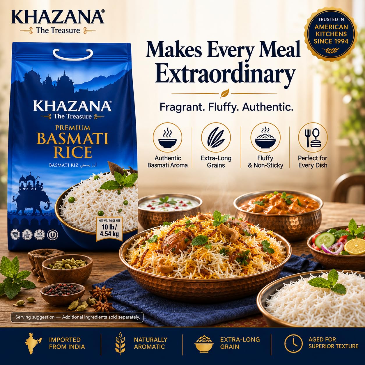 Khazana pouring rice into measuring cup for portion and convenience