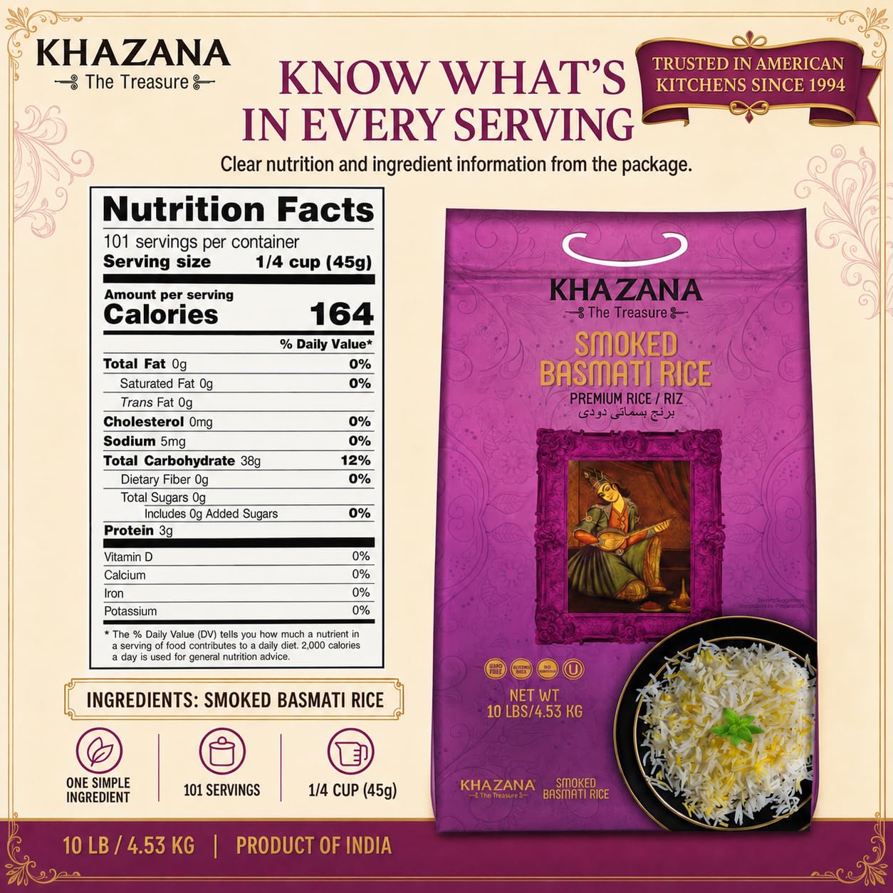Close-up of Khazana grains highlighting long basmati texture and even smoke color