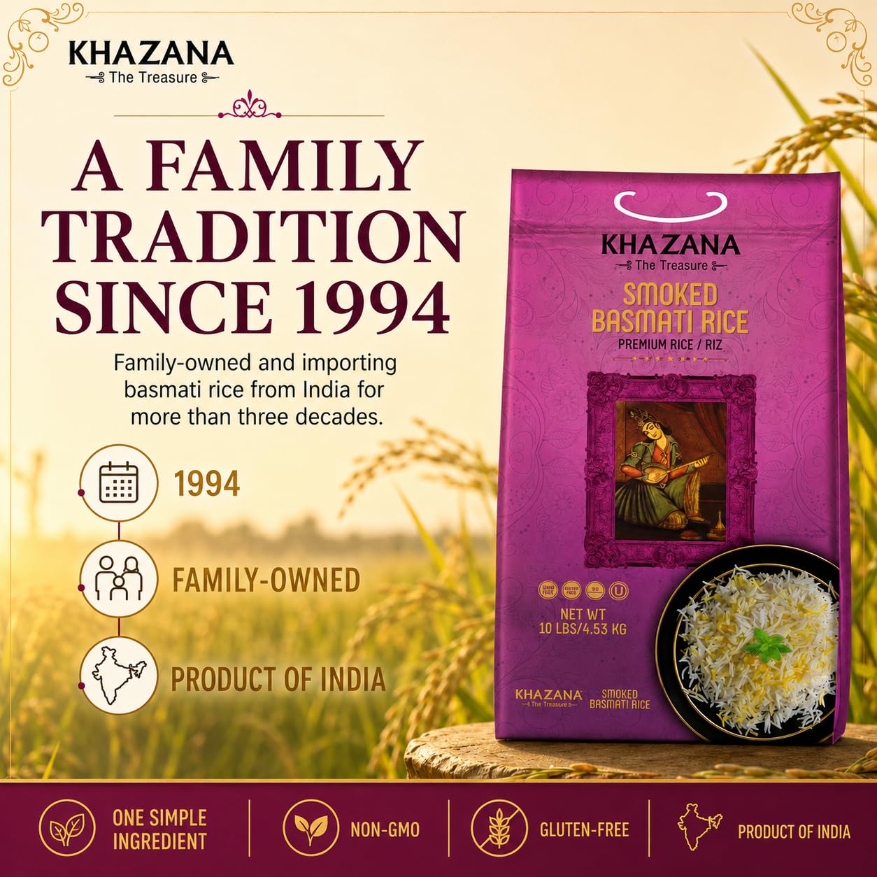 Portion of Khazana smoked basmati on kitchen scale illustrating bulk size