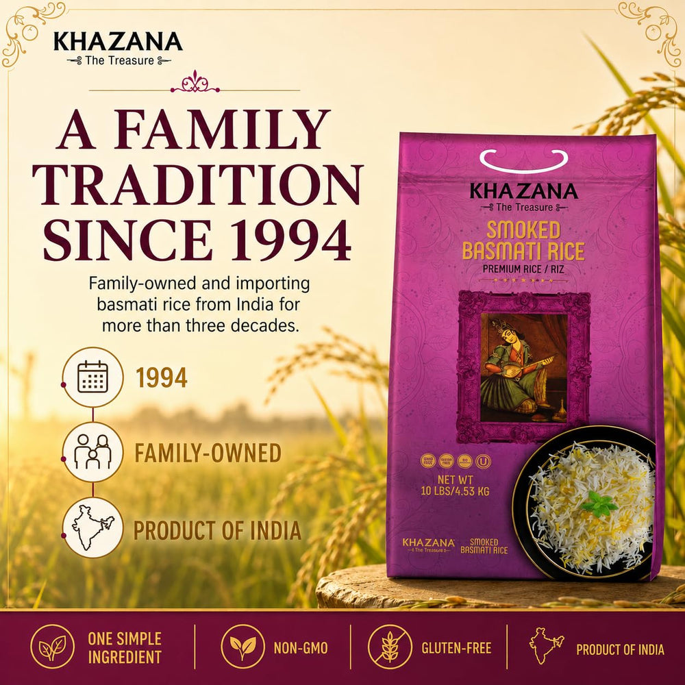Portion of Khazana smoked basmati on kitchen scale illustrating bulk size