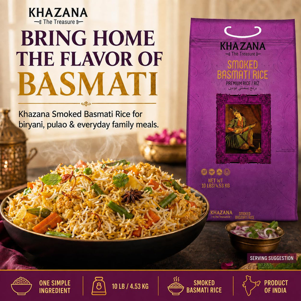 Served Khazana smoked basmati on dining table complementing grilled main