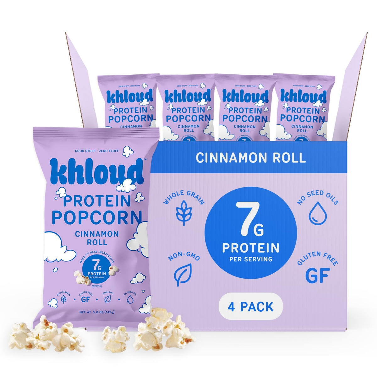 Khloud front packaging shows cinnamon roll flavor and 7g protein benefit