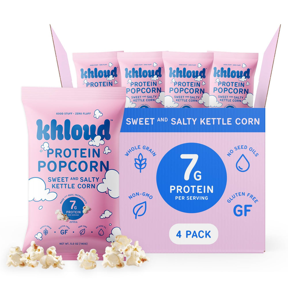 Khloud front packaging showing kettle corn bag and protein benefit