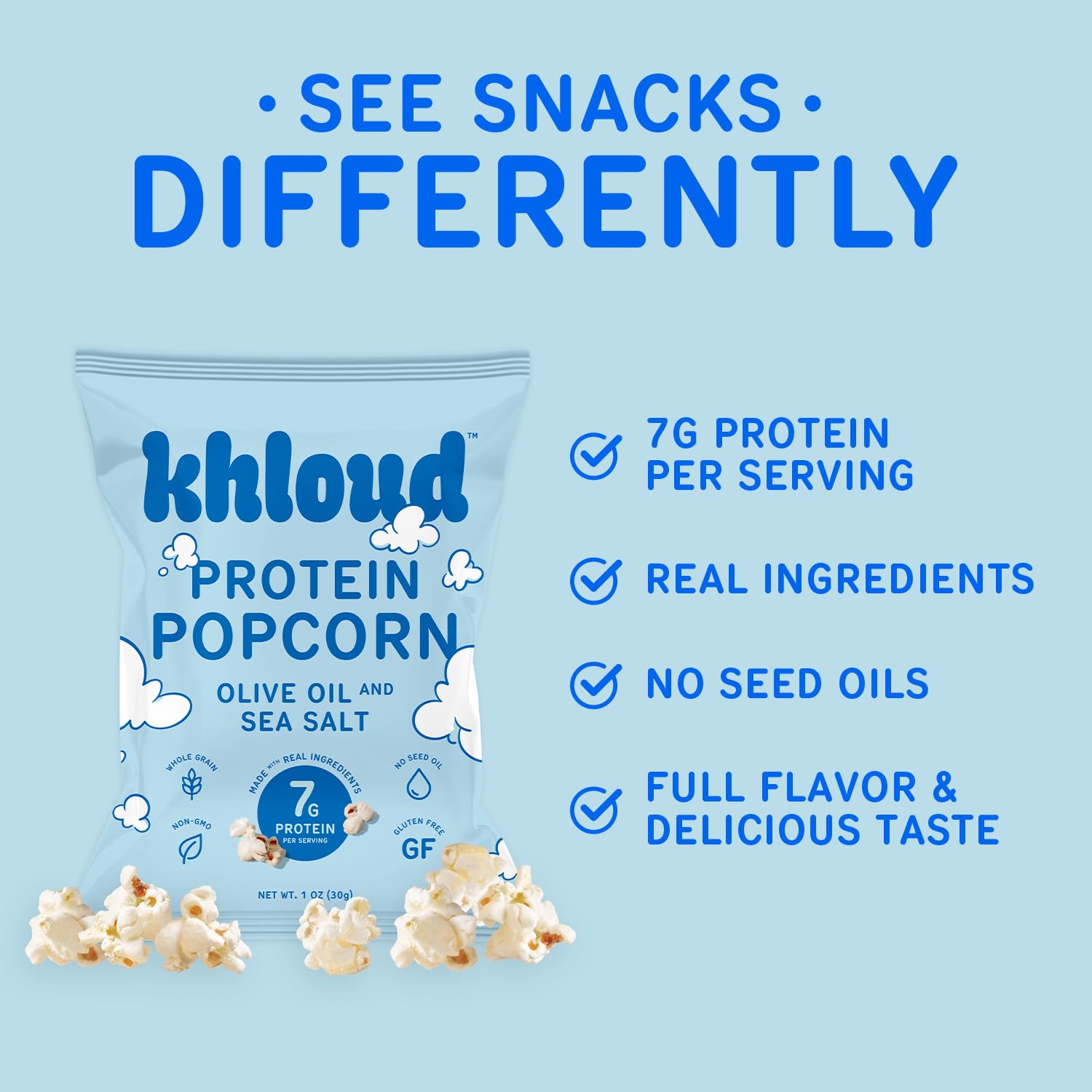 Single 1oz Khloud pouch beside a ruler to show compact scale for on-the-go snacking