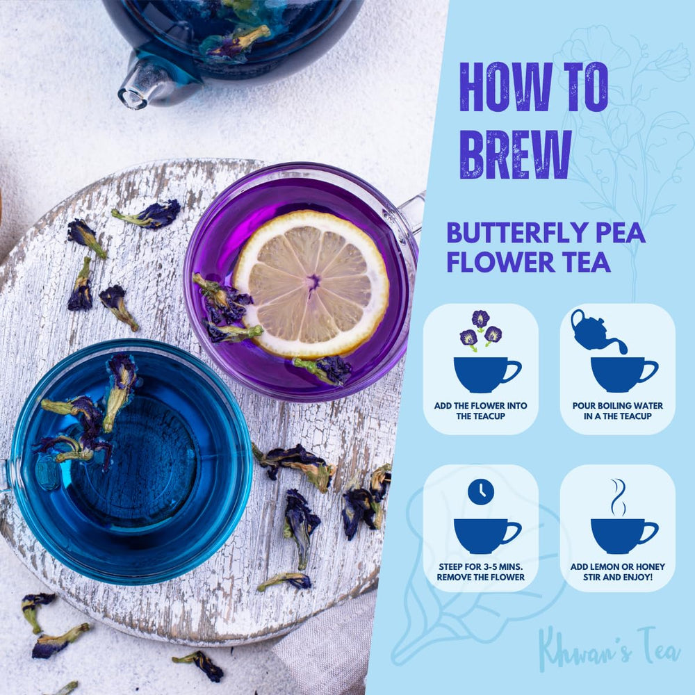 KHWAN'S TEA brewed electric blue tea in a glass showing vibrant color benefit
