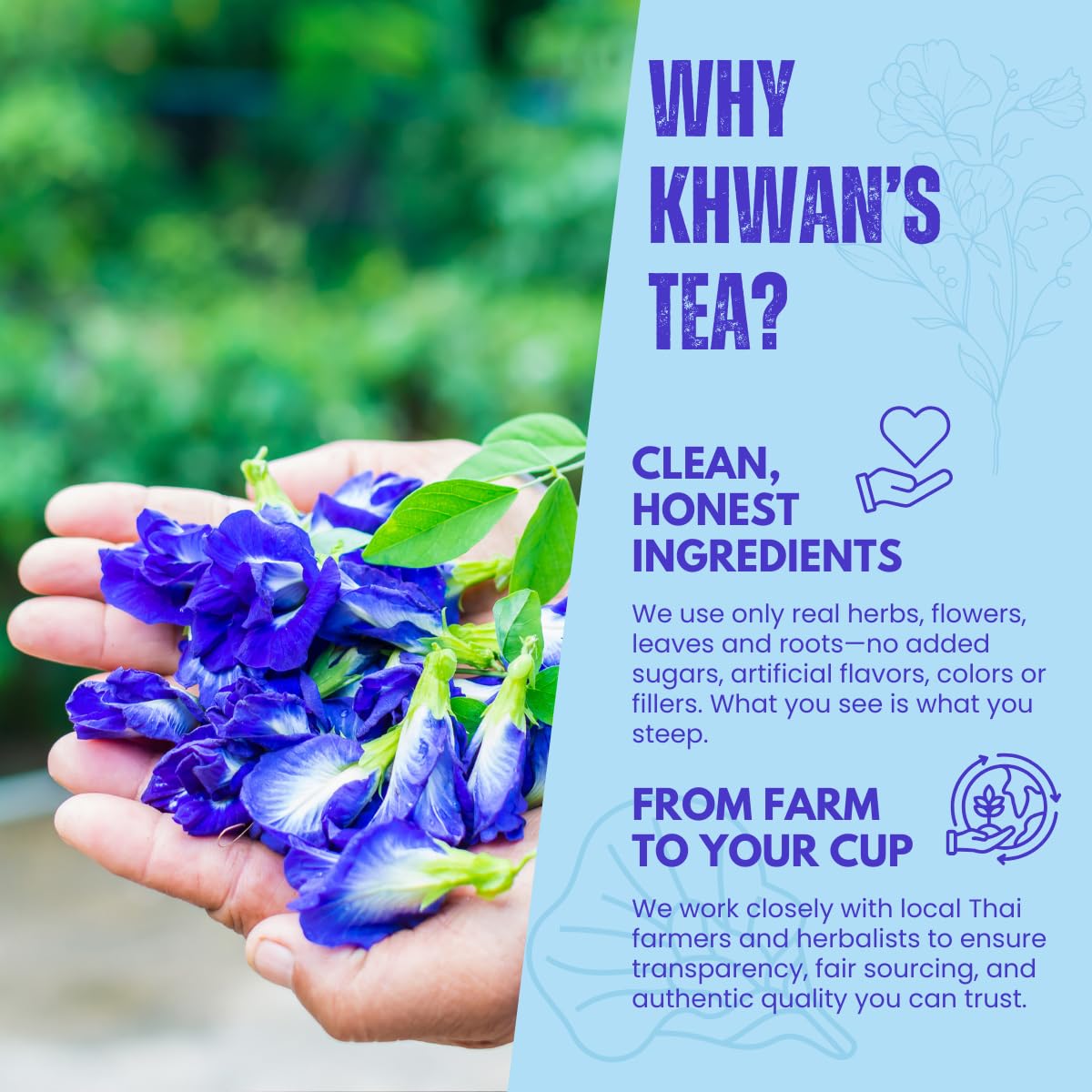 KHWAN'S TEA cocktail using blue concentrate showing mixology and visual appeal benefit
