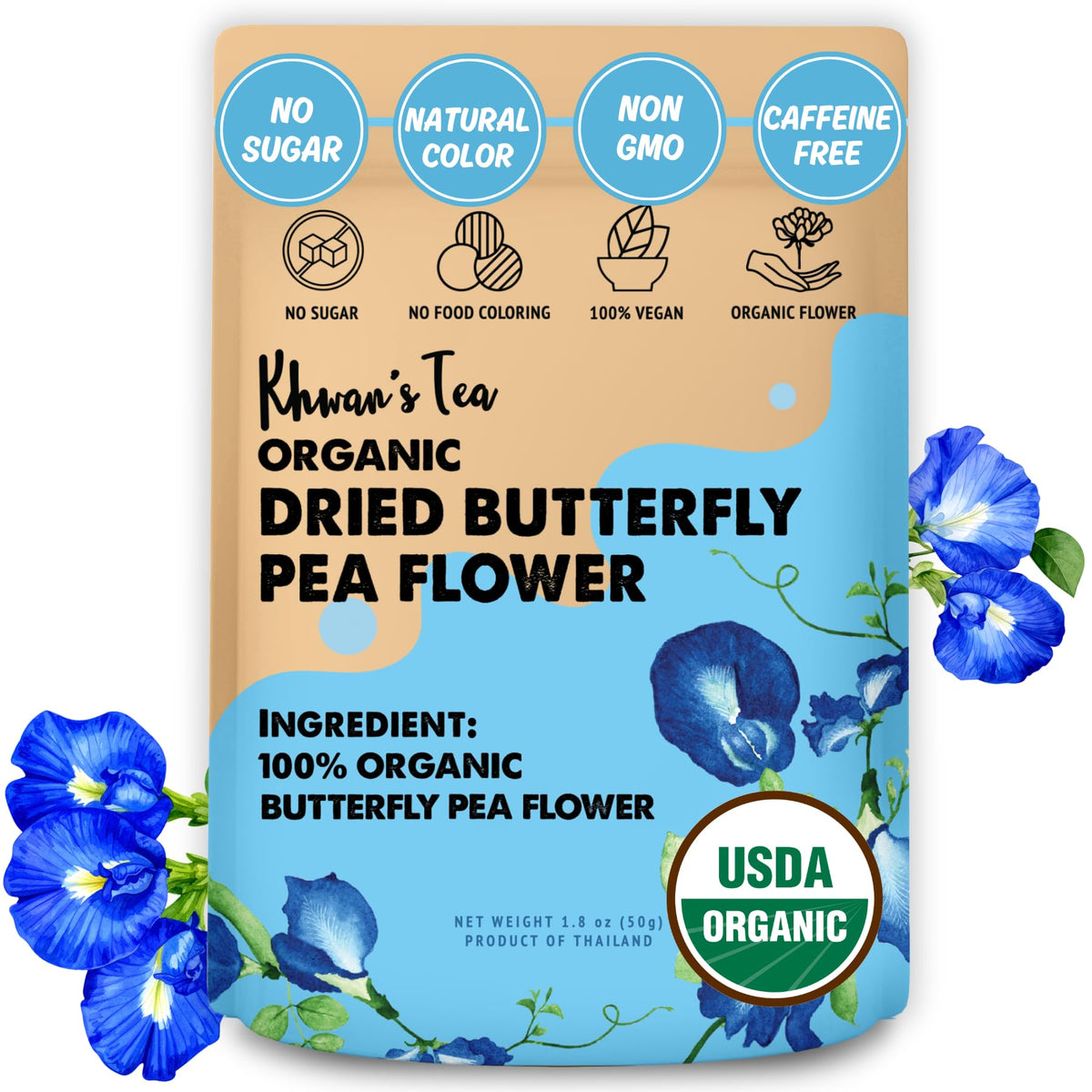 KHWAN'S TEA front pouch showing organic butterfly pea flowers and resealable pouch benefit