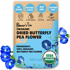 KHWAN'S TEA front pouch showing organic butterfly pea flowers and resealable pouch benefit