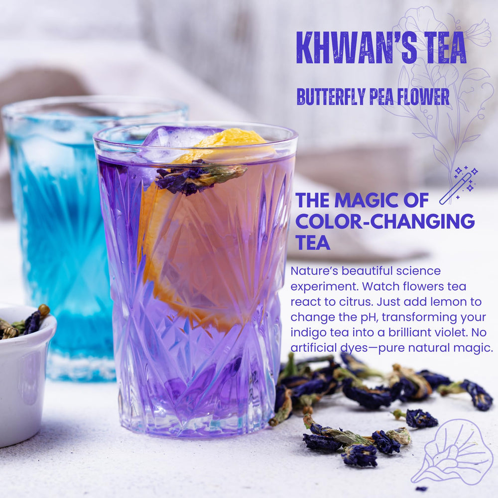 KHWAN'S TEA blue tea turning magenta with lemon demonstrating natural color-change benefit