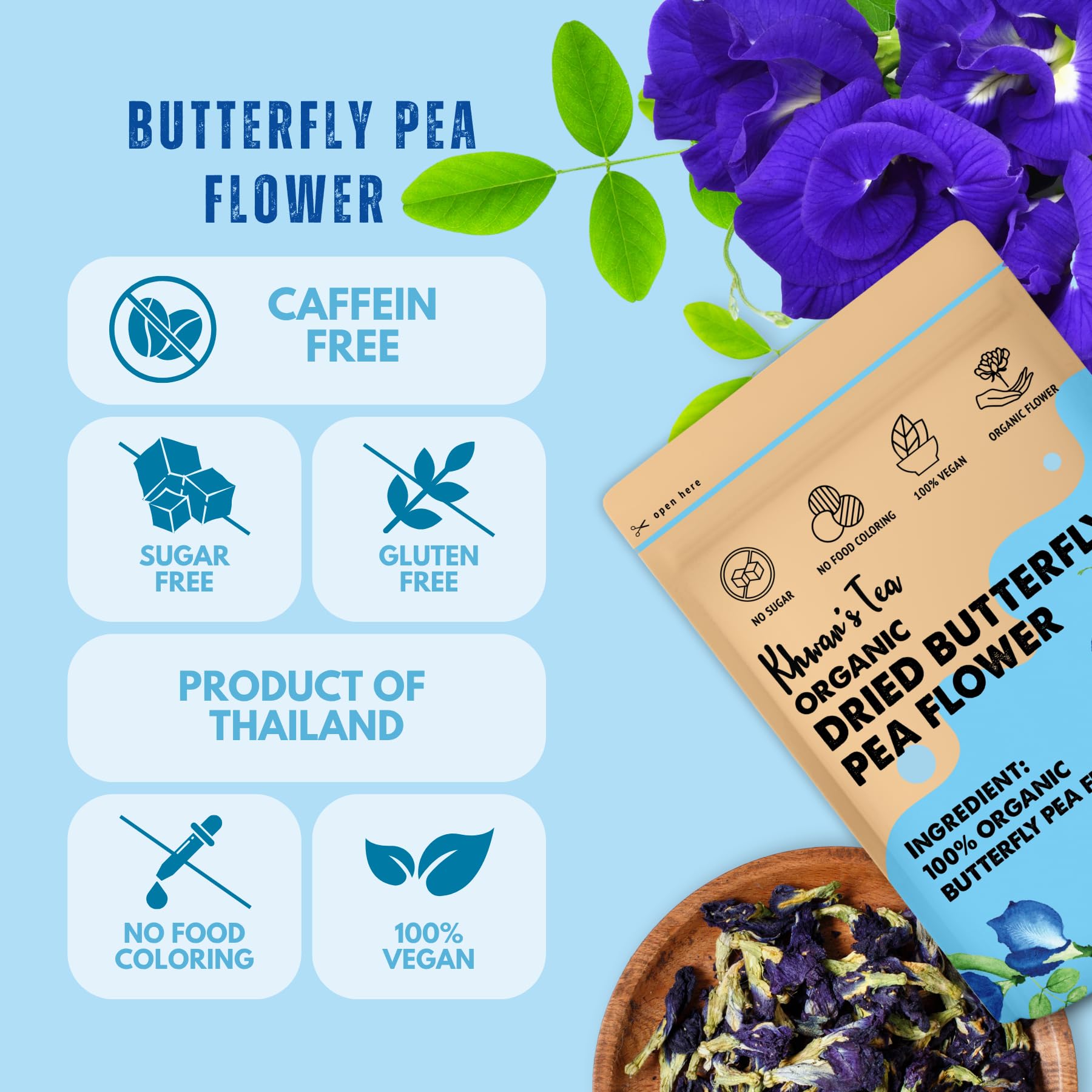 KHWAN'S TEA close-up of dried butterfly pea flowers highlighting texture and purity benefit