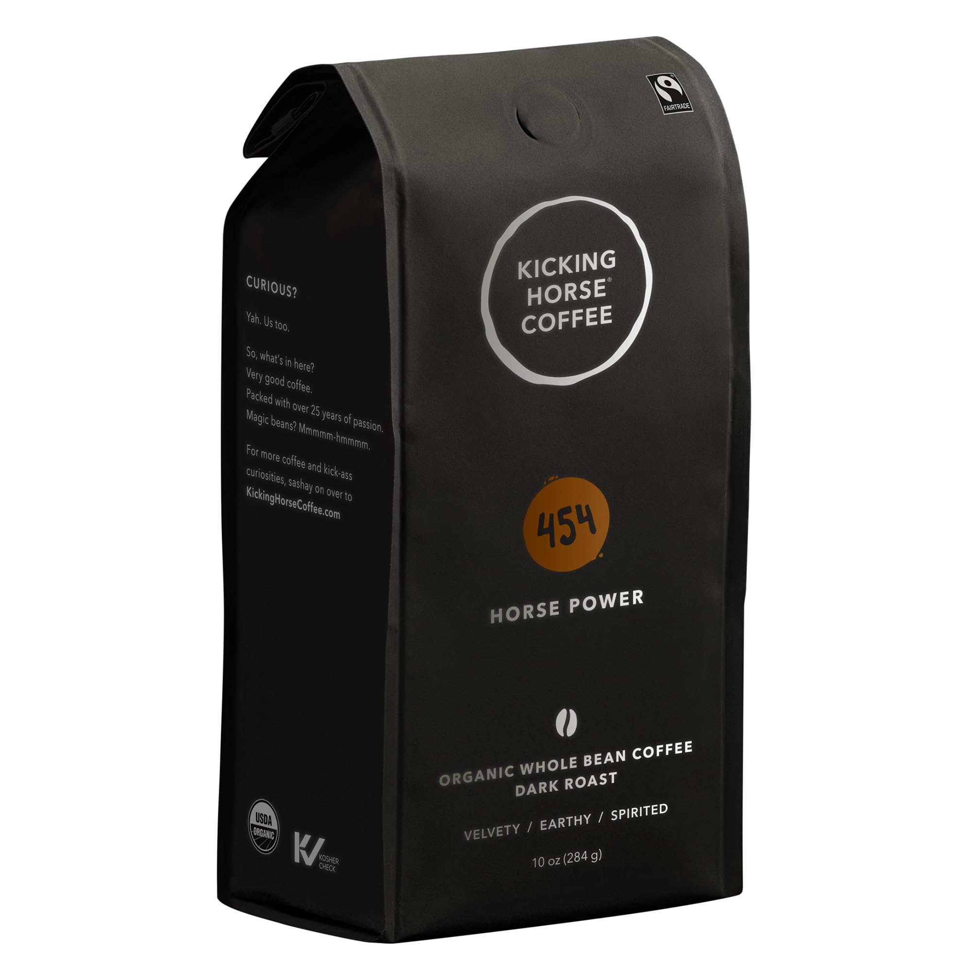 Kicking Horse front packaging showing 454 Horse Power and bold dark roast benefit