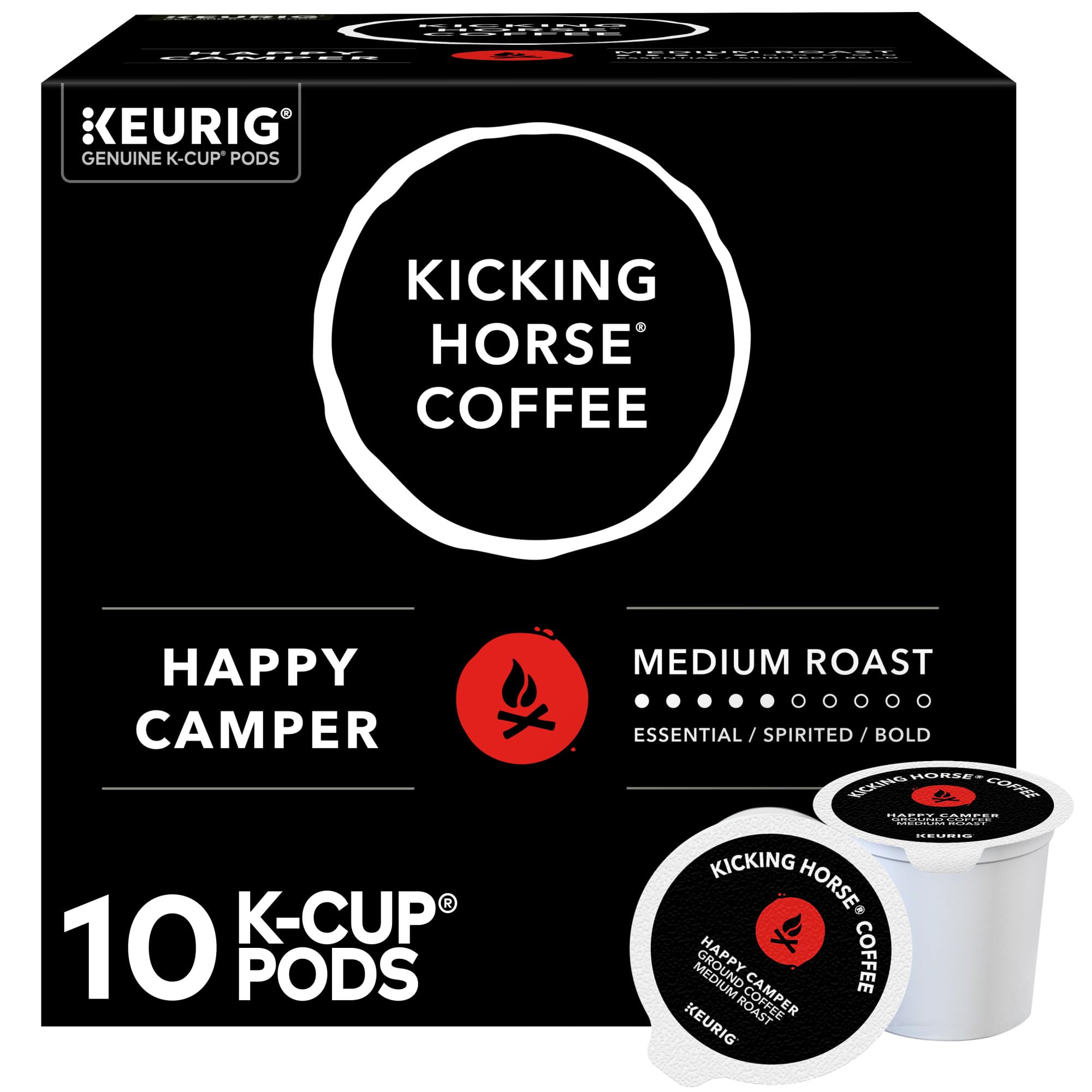 Kicking Horse front box showing Happy Camper K-Cup pods and benefits