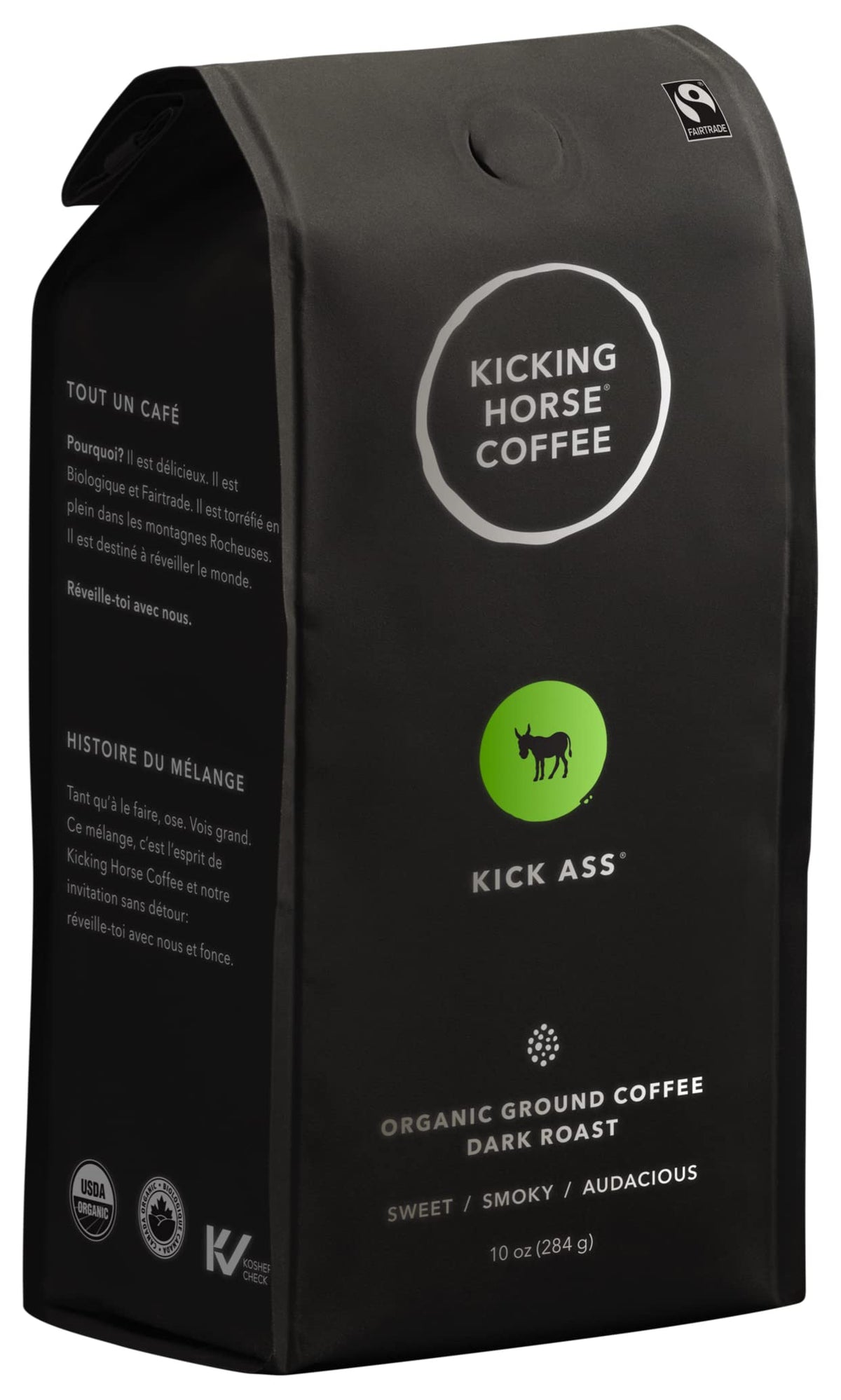 Kicking Horse bag front view showing bold branding and roast name for quick selection